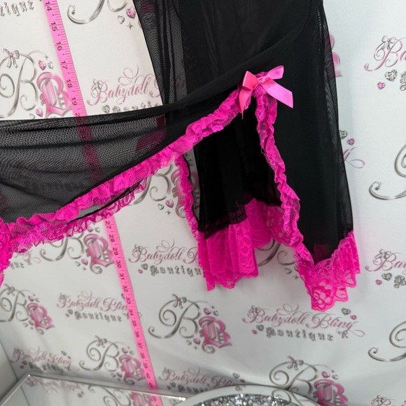 B delicious mini dress Sheer Black Chemise with Pink Lace Trim Elegant Nightwear - Picture 4 of 15